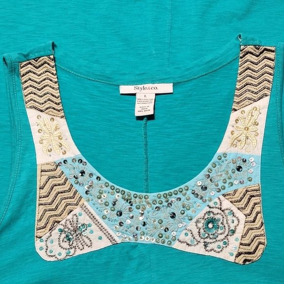 Style & co.  Beads, Sequins & Embroidered Turquoise Cotton Top (L) - Picture 5 of 9